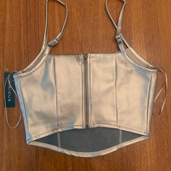Kirious Los Angeles Antique Silver Butter Faux Leather Corset Bustier Top, Med - Picture 3 of 6